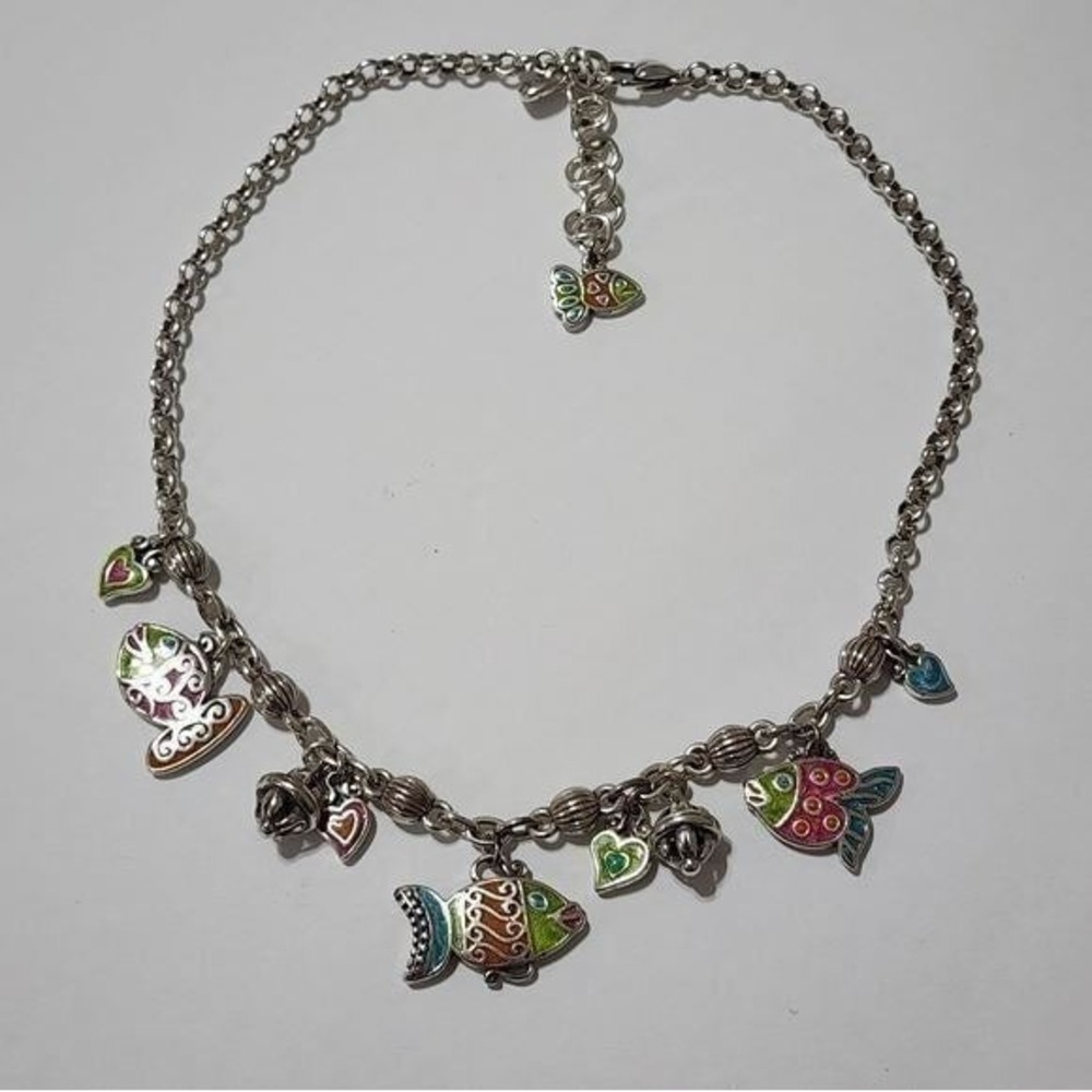 Brighton Silver Enamel Fish Charm Necklace Multicolor Sea Life Hearts 19.5 Inch